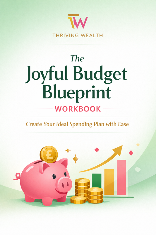 Open workbook titled The Joyful Budget Blueprint by THRISH PRODUCTS, featuring budgeting guides and colorful charts.