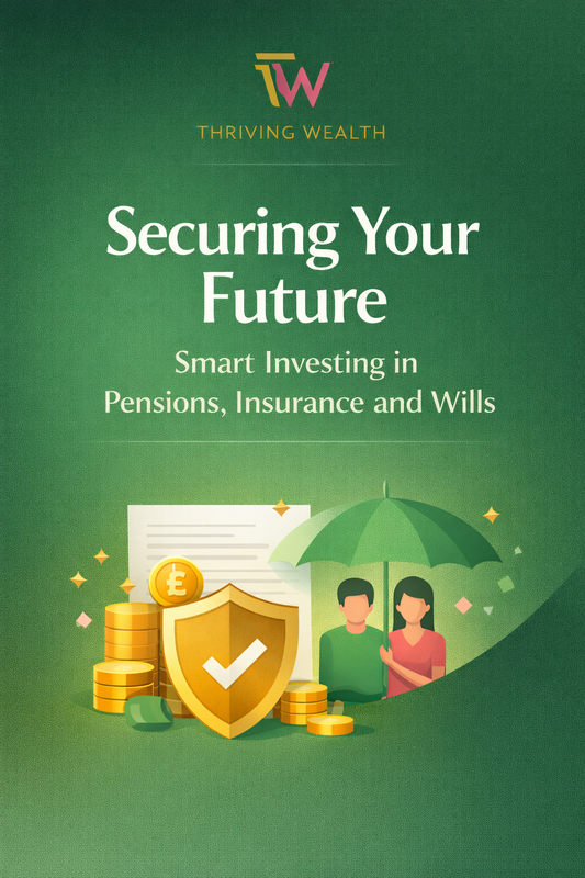 Illustration of financial planning concepts with a person reviewing documents for pensions, insurance, and wills at a desk.
